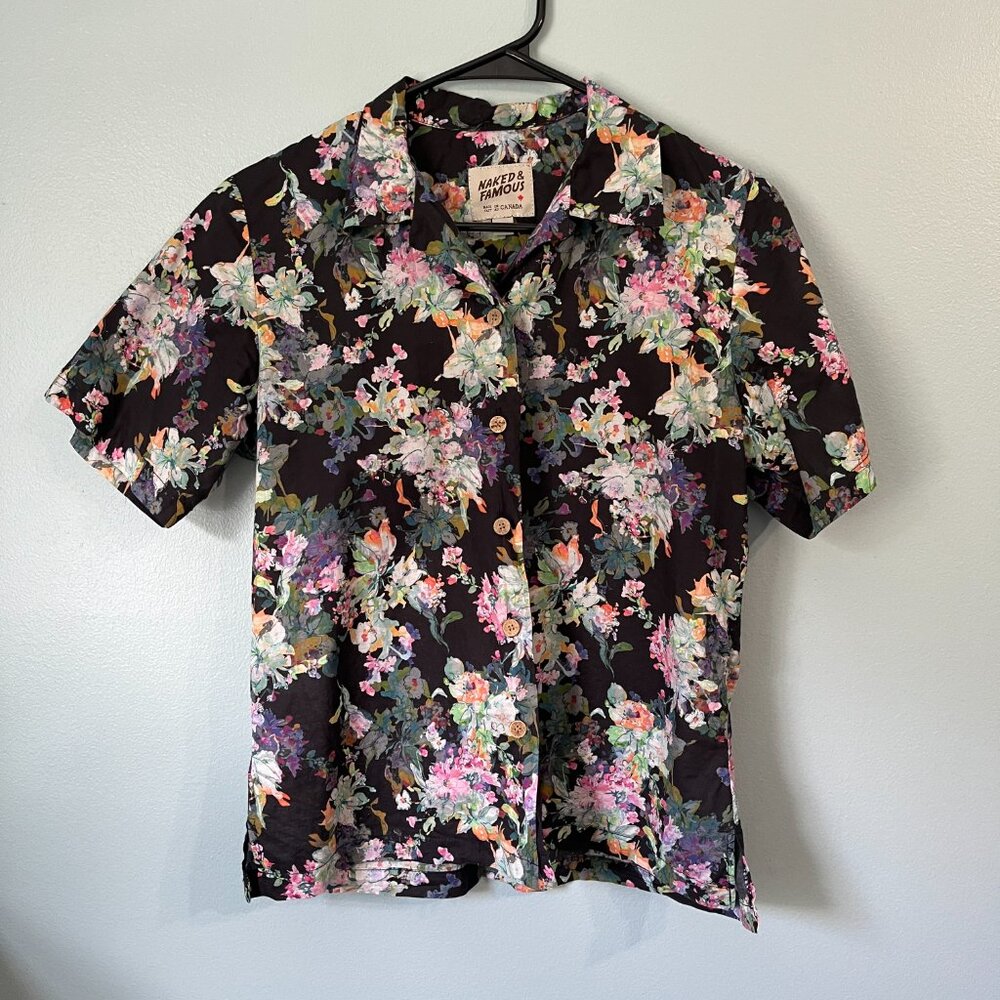 Naked and Famous Camp Collar Shirt Small SS21 Flower Painting - Black - Picture 4 of 8